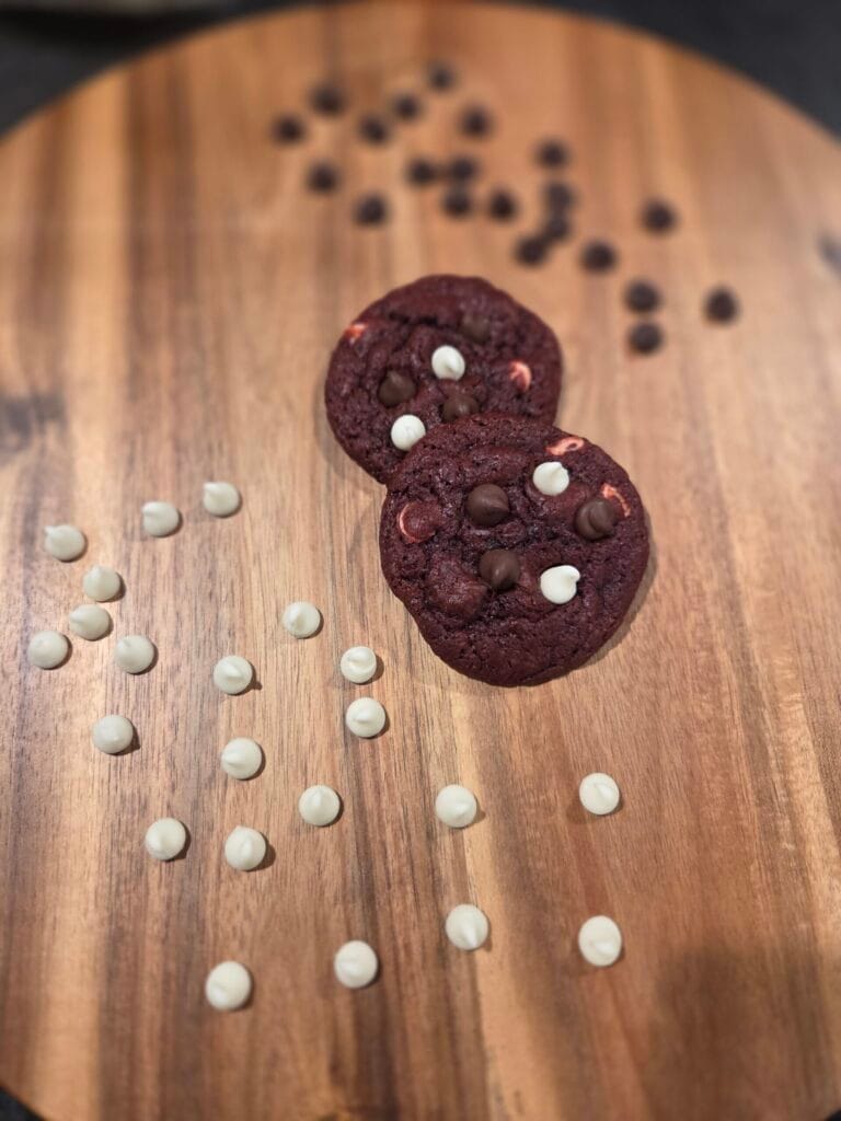 Red Velvet Cookies with white chocolate chips and semi-sweet chocolate chips