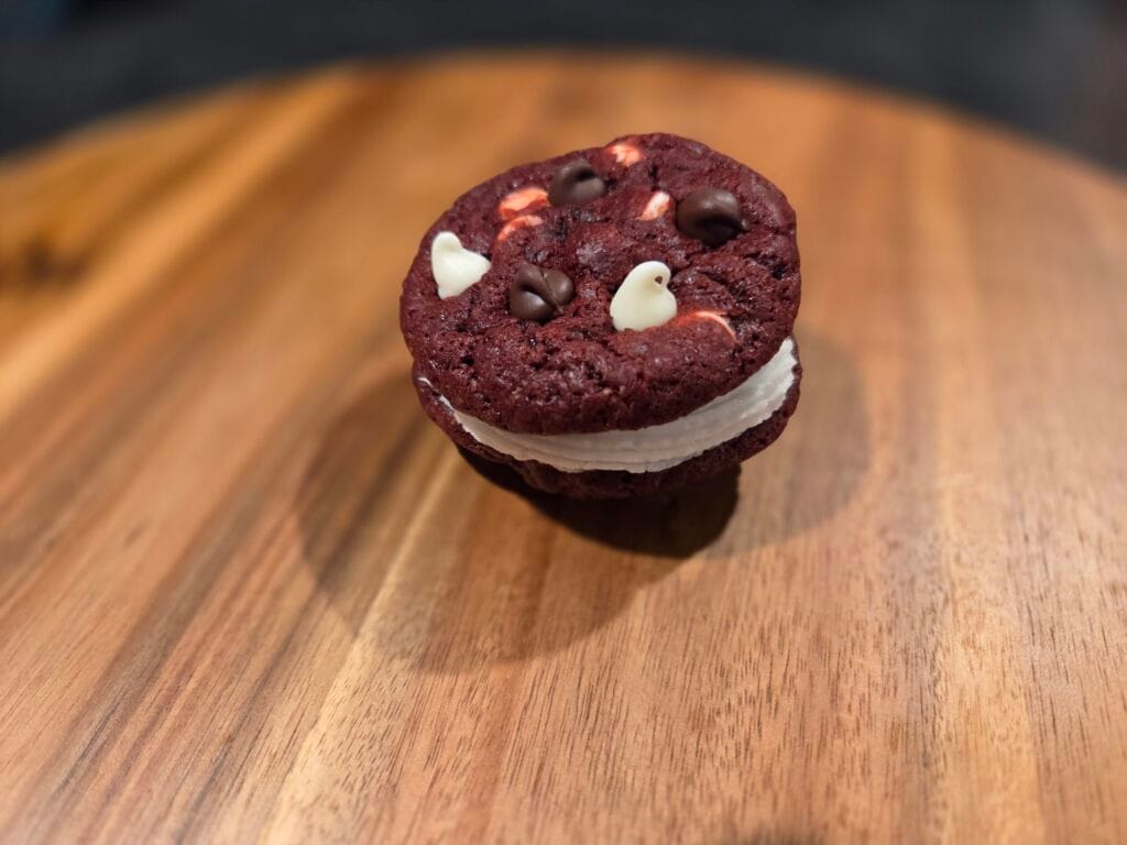 Red Velvet Cookie Sandwich with vanilla frosting