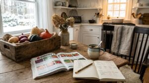 A farmhouse kitchen table in winter light with an open seed catalog, a pencil, a notebook of handwritten figures