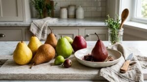 An assortment of whole pears, golden Bartlett, russet Bosc, green Anjou, red Anjou and tiny Seckel