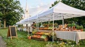 A small new farmers market setting up on a leafy town green in early morning: a row of crisp white canopy tents