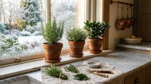 Terracotta pots of rosemary, thyme and bay on a sunny kitchen windowsill above a marble counter