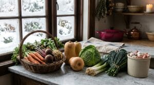 A generous winter farm share arranged on a marble counter beside a window: a woven basket of carrots